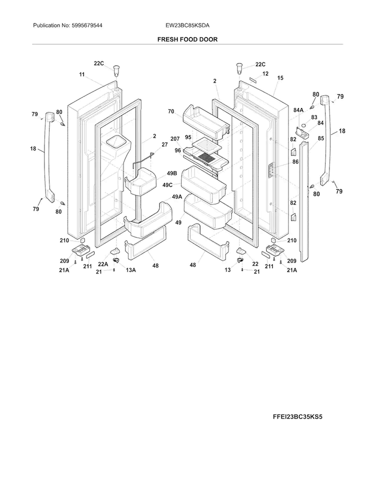 Fresh Food Doors Diagram and Parts List for EW23BC85KSDA  Electrolux Refrigerator