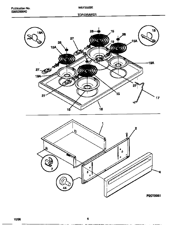 TOP / DRAWER Diagram and Parts List for WEF352BEWB  Frigidaire Range