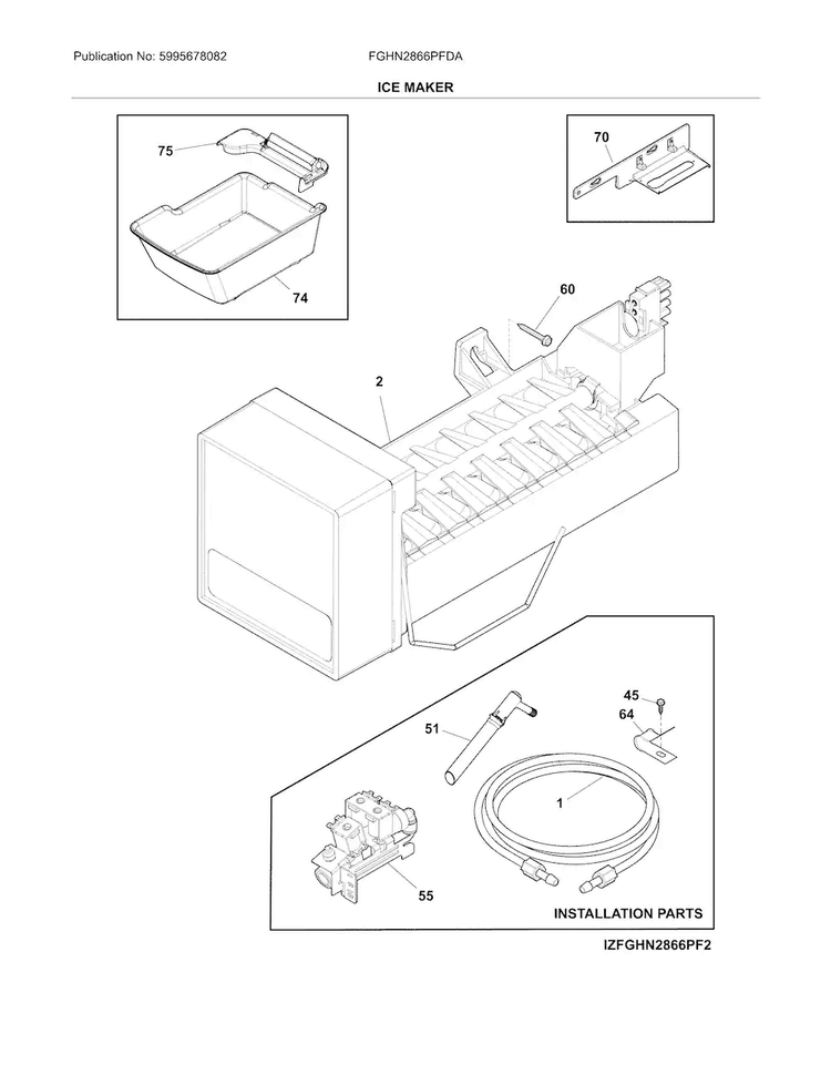 Ice Maker Diagram and Parts List for FGHN2866PFDA  Frigidaire Refrigerator