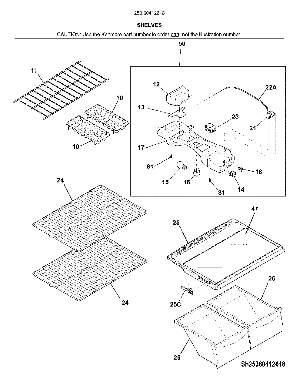 Shelves Diagram and Parts List for 25360412618  Kenmore Refrigerator