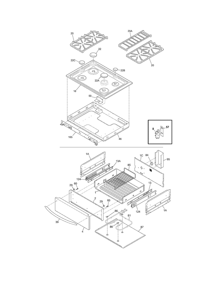 Top/drawer Diagram and Parts List for PLCS389ECI  Frigidaire Range