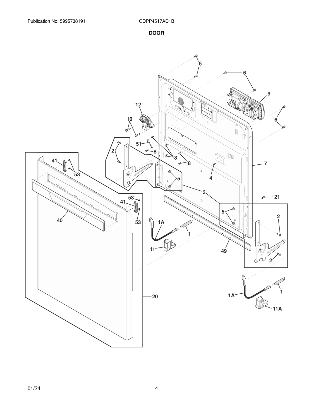 Door Diagram and Parts List for GDPP4517AD1B  Frigidaire Dishwasher