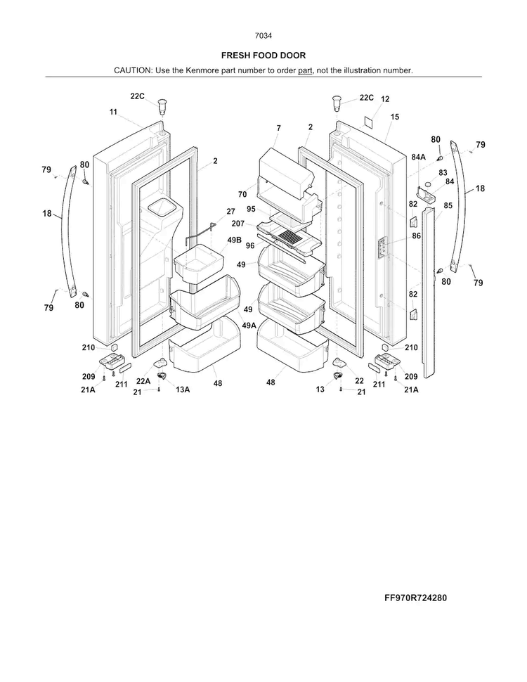 Fresh Food Door Diagram and Parts List for 2537034241B  Kenmore Refrigerator