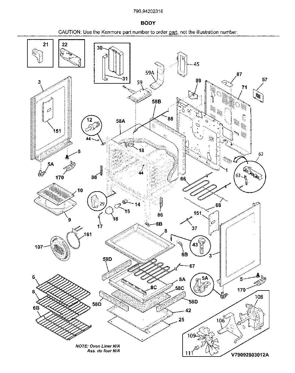 Body Diagram and Parts List for 79094202316  Kenmore Range