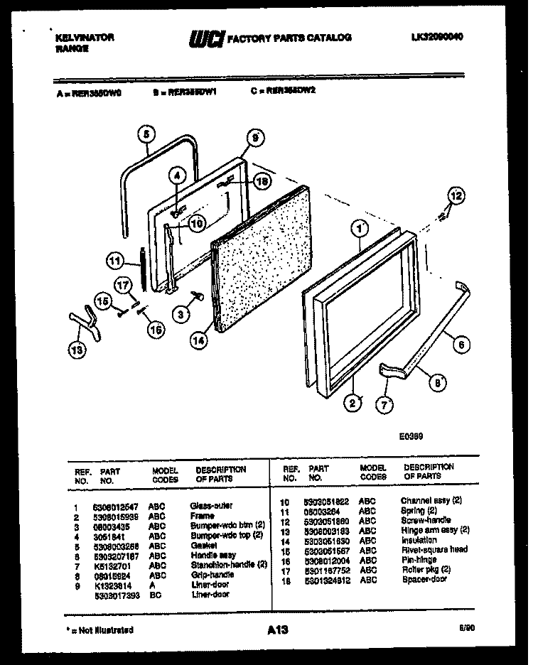 DOOR PARTS Diagram and Parts List for RER355DD0  Kelvinator Range