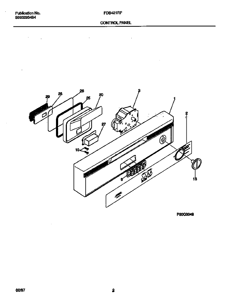 CONTROL PANEL Diagram and Parts List for FDB421RFS2  Frigidaire Dishwasher