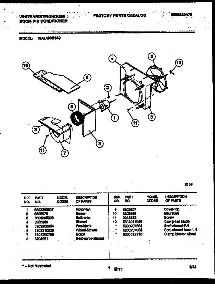 AIR HANDLING PARTS Diagram and Parts List for WAL103S1A2  Frigidaire Air Conditioner