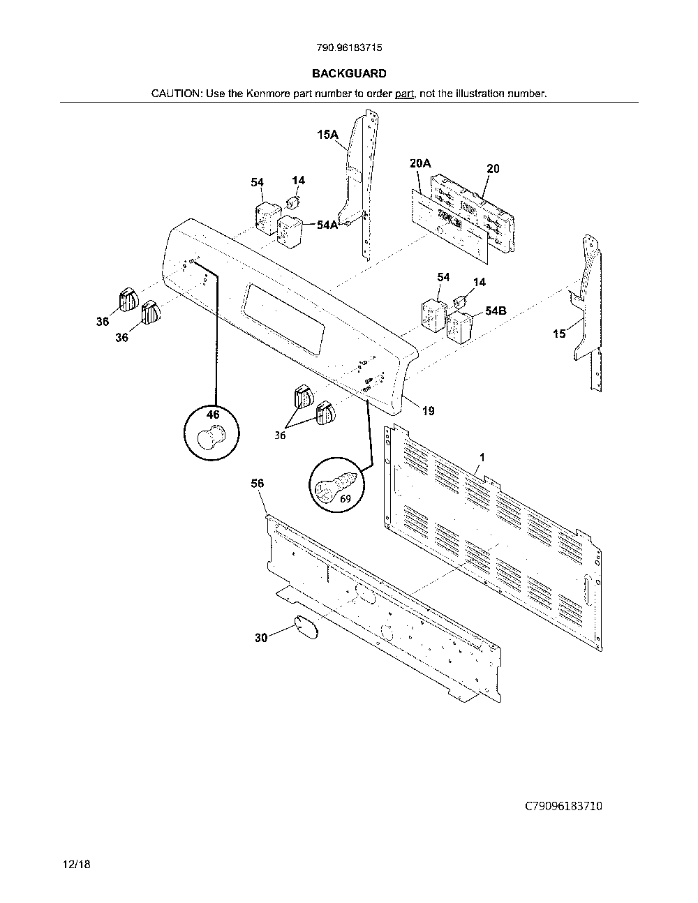 Backguard Diagram and Parts List for 79096183715  Kenmore Range