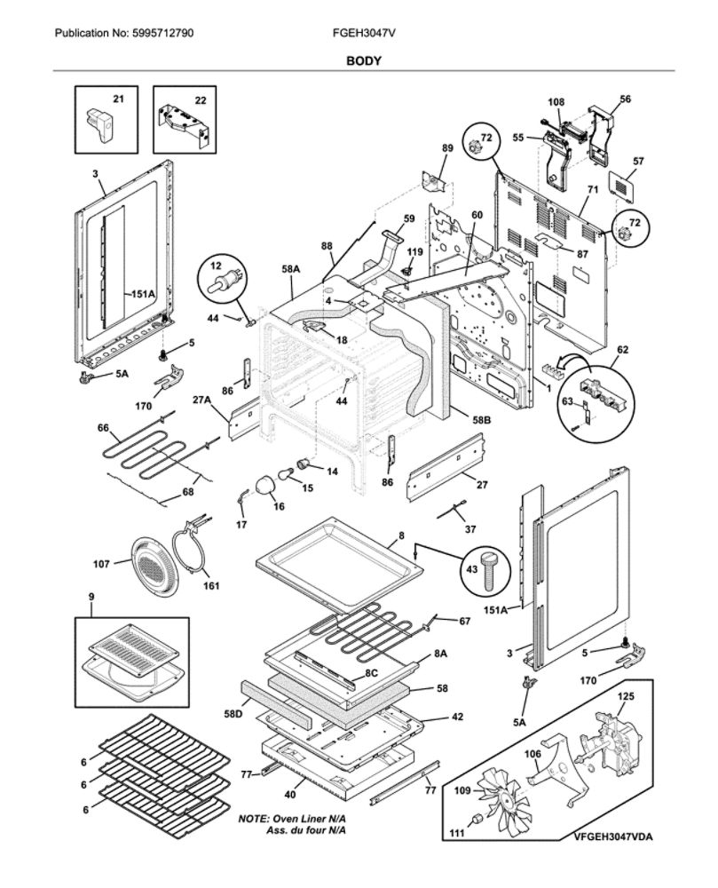 Body Diagram and Parts List for FGEH3047VFA  Frigidaire Range