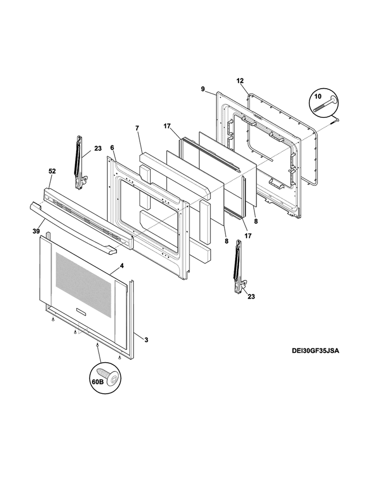 Door Diagram and Parts List for EI30GF35JSB  Electrolux Range