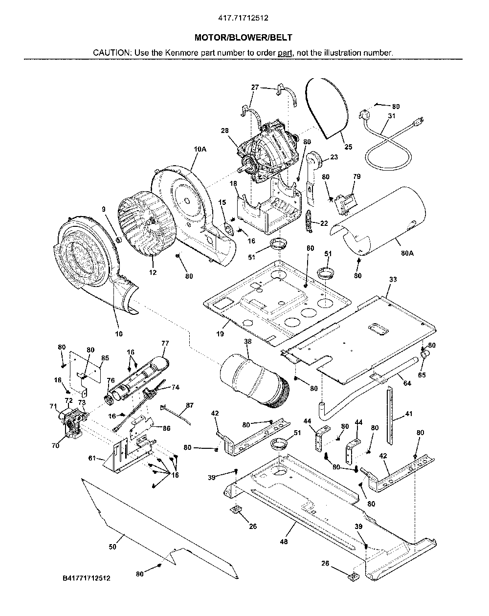 Motor/blower/belt Diagram and Parts List for 41771712512  Kenmore Washer Dryer Combo