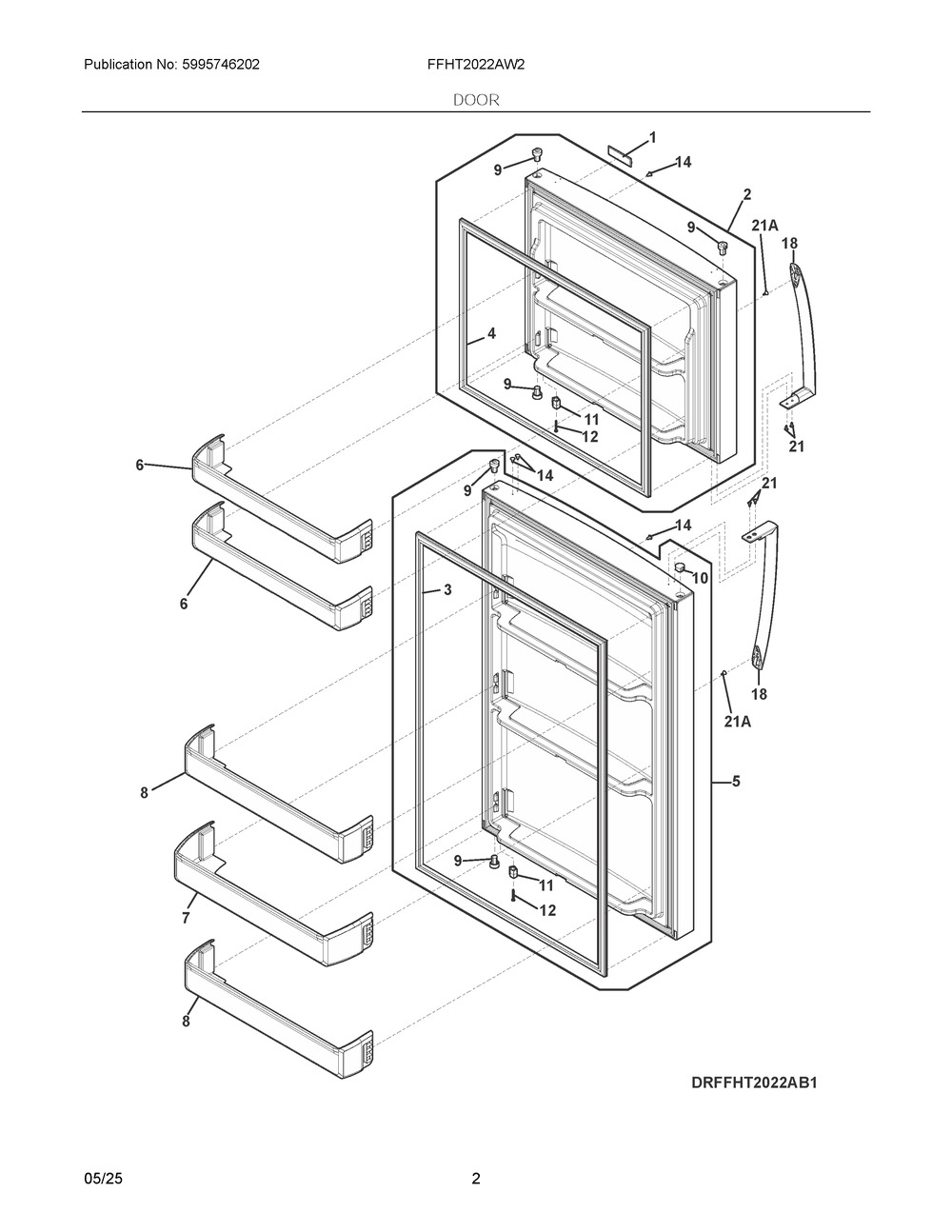 Door Diagram and Parts List for FFHT2022AW2  Frigidaire Refrigerator