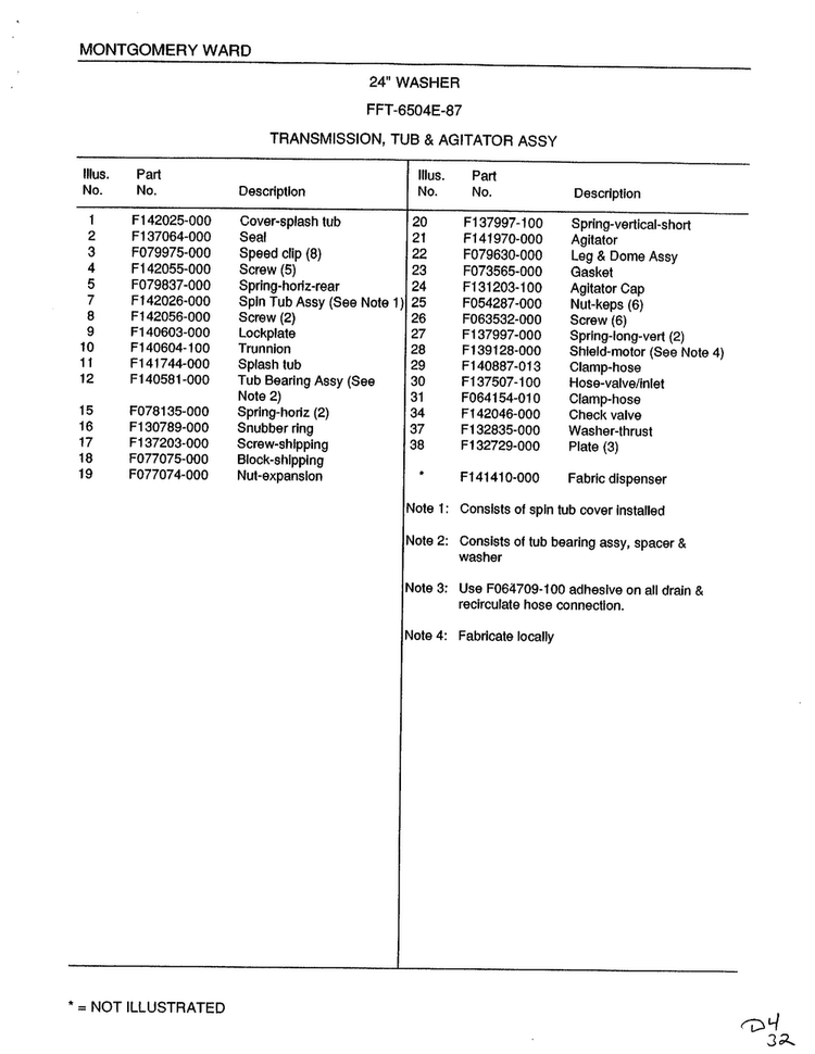 Transmission, Tub And Agitator Assembly Page 2 Diagram and Parts List for 6504E  Frigidaire Washer