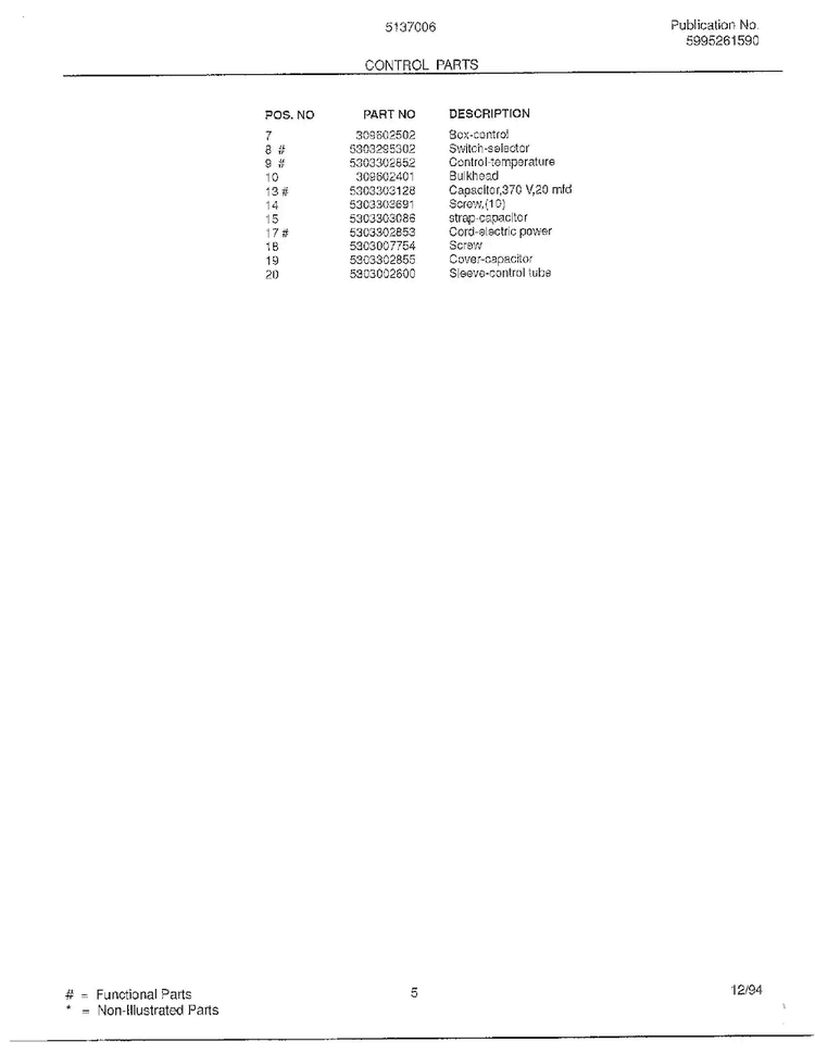 Control Parts Page 2 Diagram and Parts List for 5137006A  Frigidaire Air Conditioner