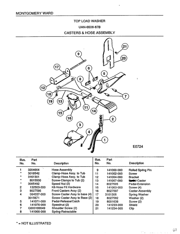 Casters And Hose Assembly Diagram and Parts List for 6506B  Frigidaire Washer
