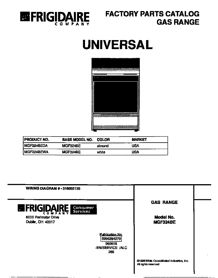 COVER Diagram and Parts List for MGF324BEWA  Frigidaire Range