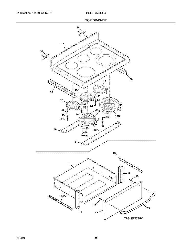 TOP/DRAWER Diagram and Parts List for PGLEF375GC4  Frigidaire Wall Oven