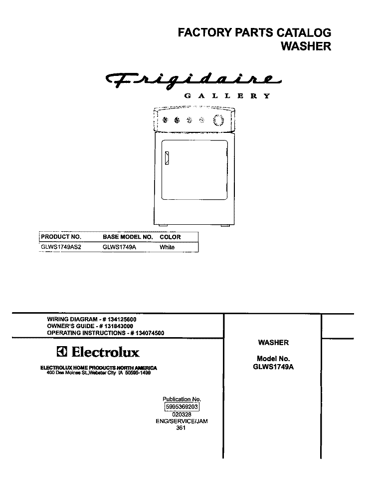 COVER Diagram and Parts List for GLWS1749AS2  Frigidaire Washer