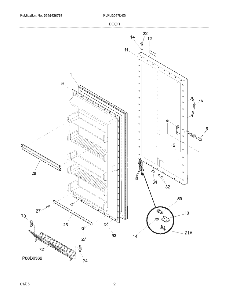 DOOR Diagram and Parts List for PLFU2067DS0  Frigidaire Freezer