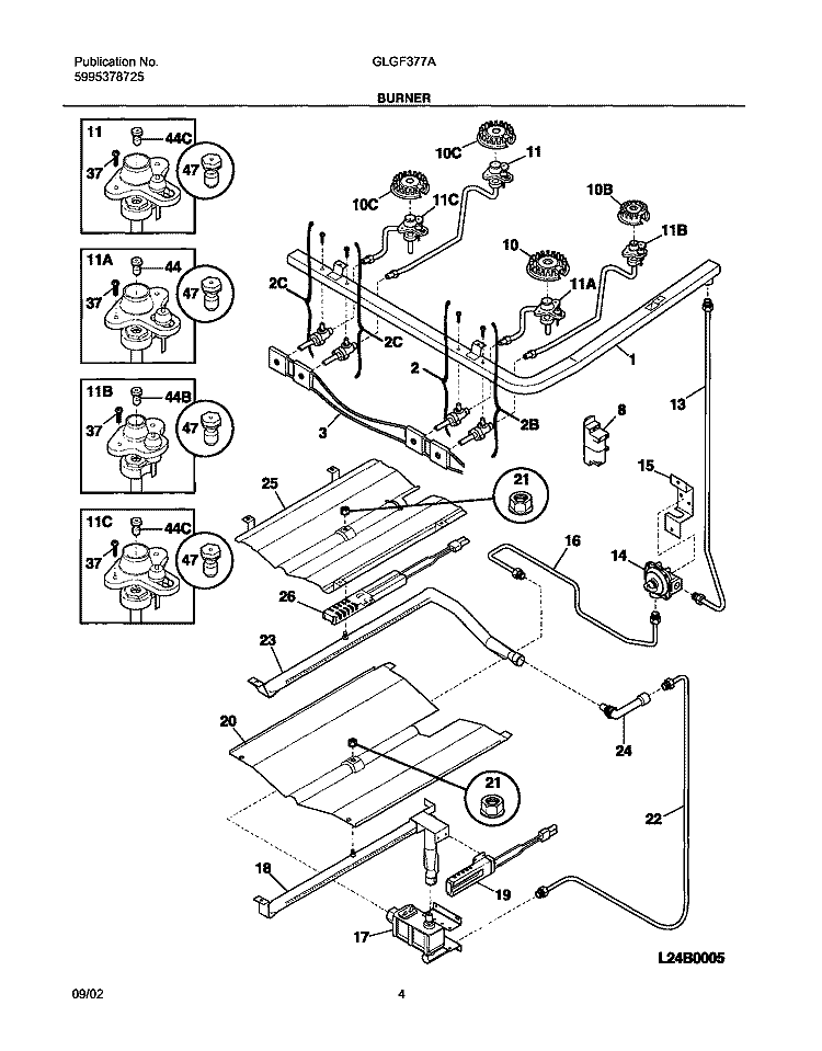 BURNER Diagram and Parts List for GLGF377AQF  Frigidaire Range