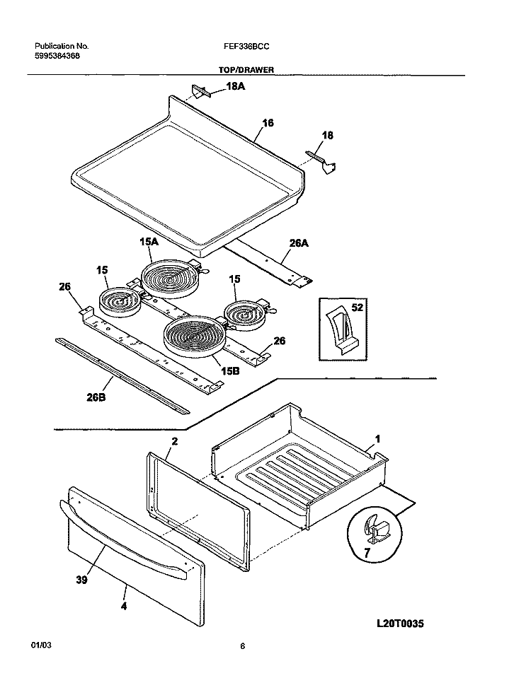 TOP / DRAWER Diagram and Parts List for FEF336BCC  Frigidaire Range