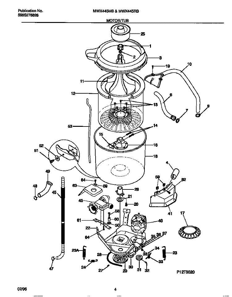 MOTOR / TUB Diagram and Parts List for MWX445RBW4  Frigidaire Washer