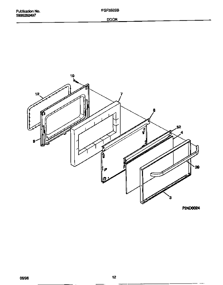 DOOR Diagram and Parts List for FGF352SBWC  Frigidaire Range