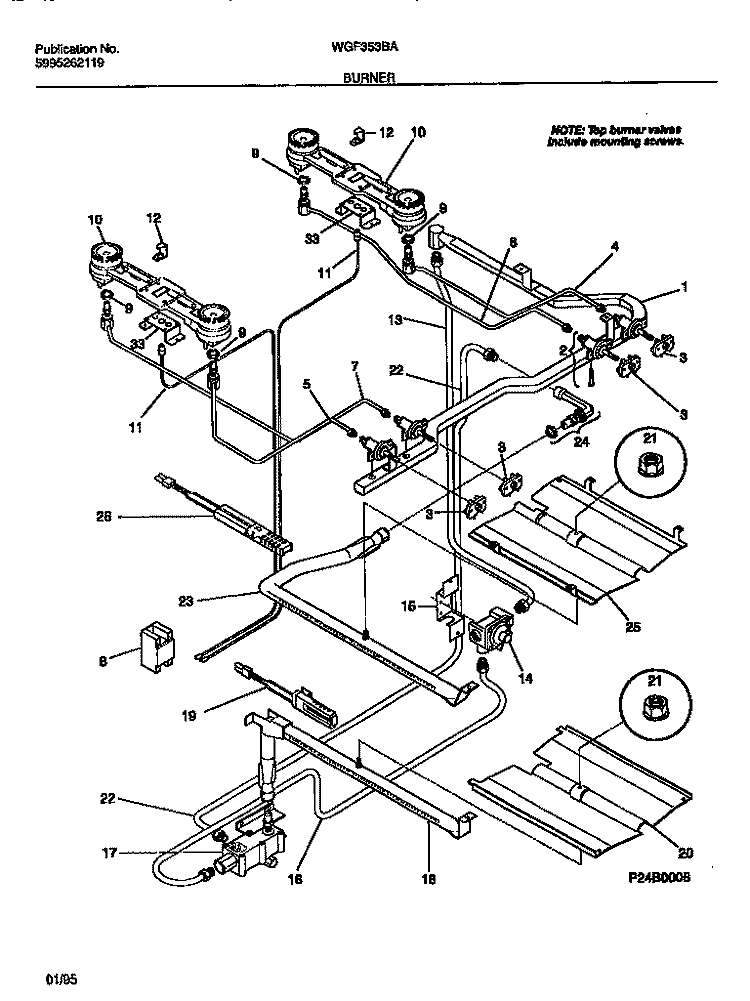BURNER Diagram and Parts List for WGF353BAWB  Frigidaire Range