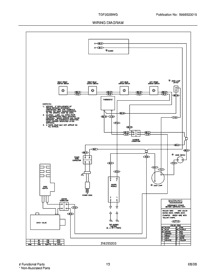 WIRING DIAGRAM Diagram and Parts List for TGF303BWG  Tappan Range