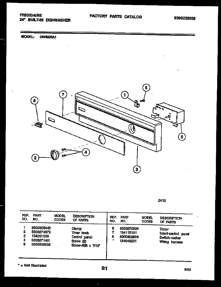 CONSOLE AND CONTROL PARTS Diagram and Parts List for DW5000A1  Frigidaire Dishwasher