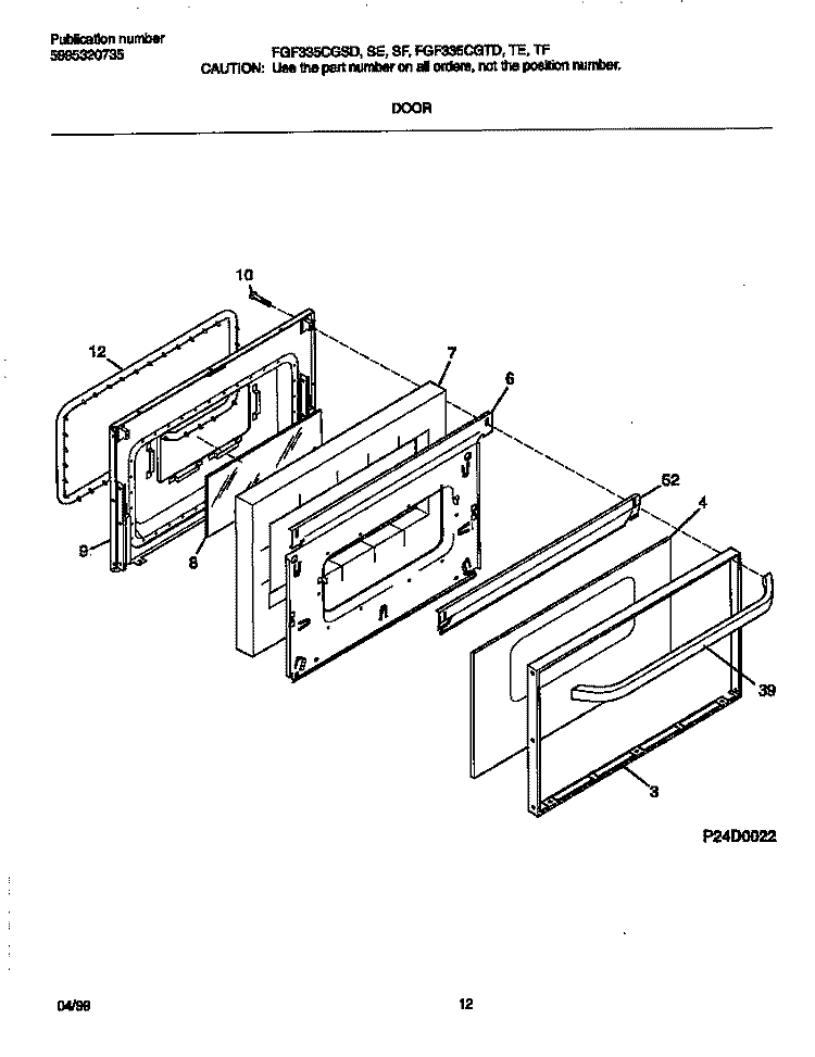 DOOR Diagram and Parts List for FGF335CGTE  Frigidaire Range