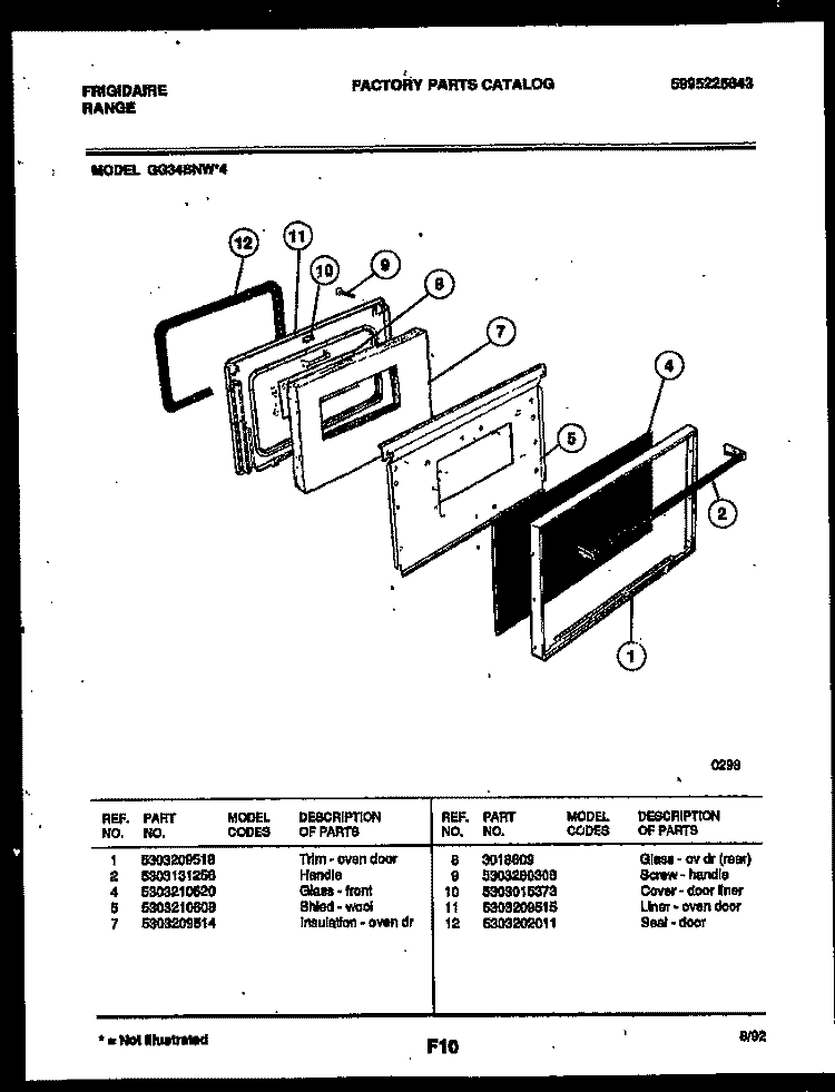 DOOR PARTS Diagram and Parts List for GG34BNL4  Frigidaire Range