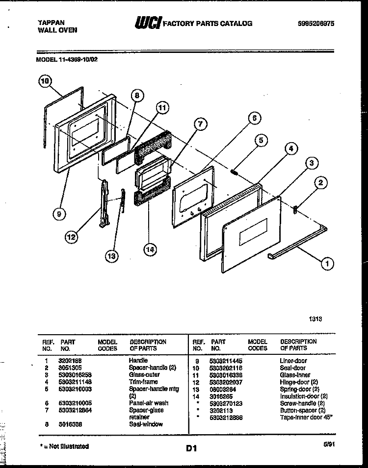 DOOR PARTS Diagram and Parts List for 11-4369-00-02  Tappan Wall Oven