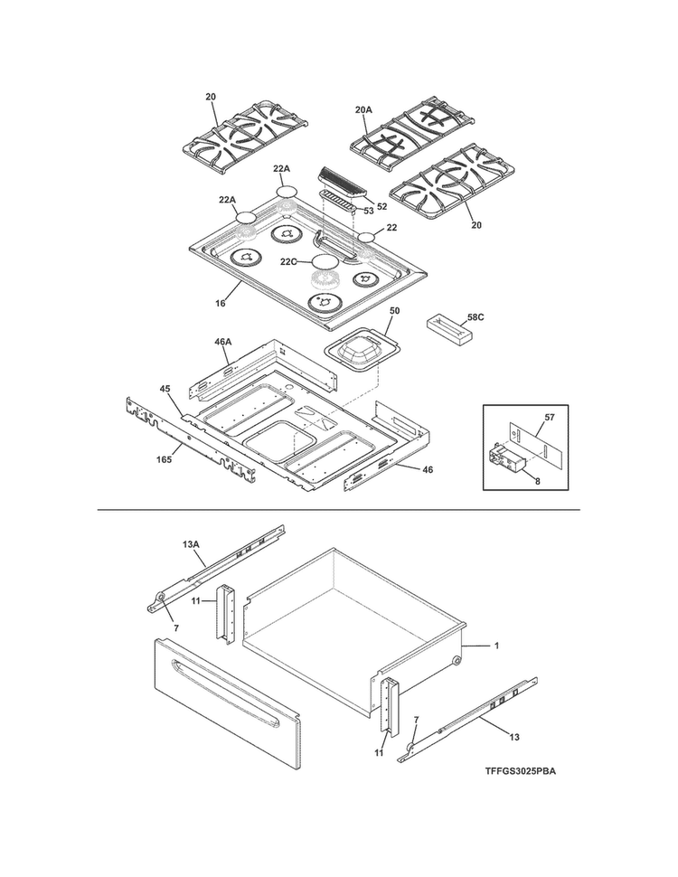 Top/drawer Diagram and Parts List for FFGS3025PBB  Frigidaire Range