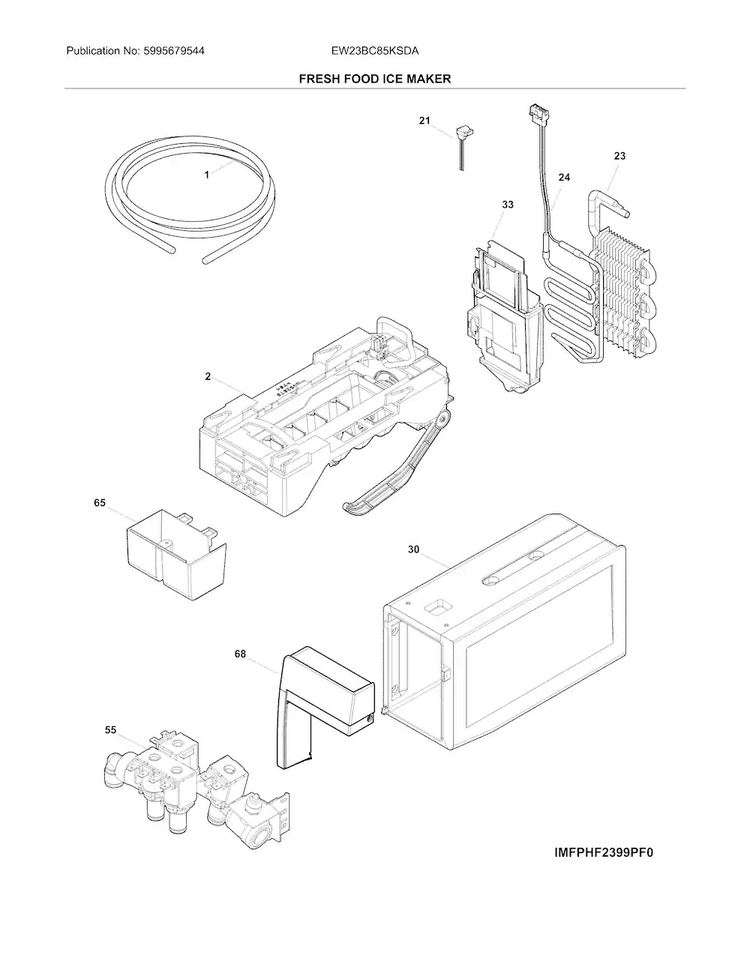 Fresh Food Ice Maker Diagram and Parts List for EW23BC85KSDA  Electrolux Refrigerator