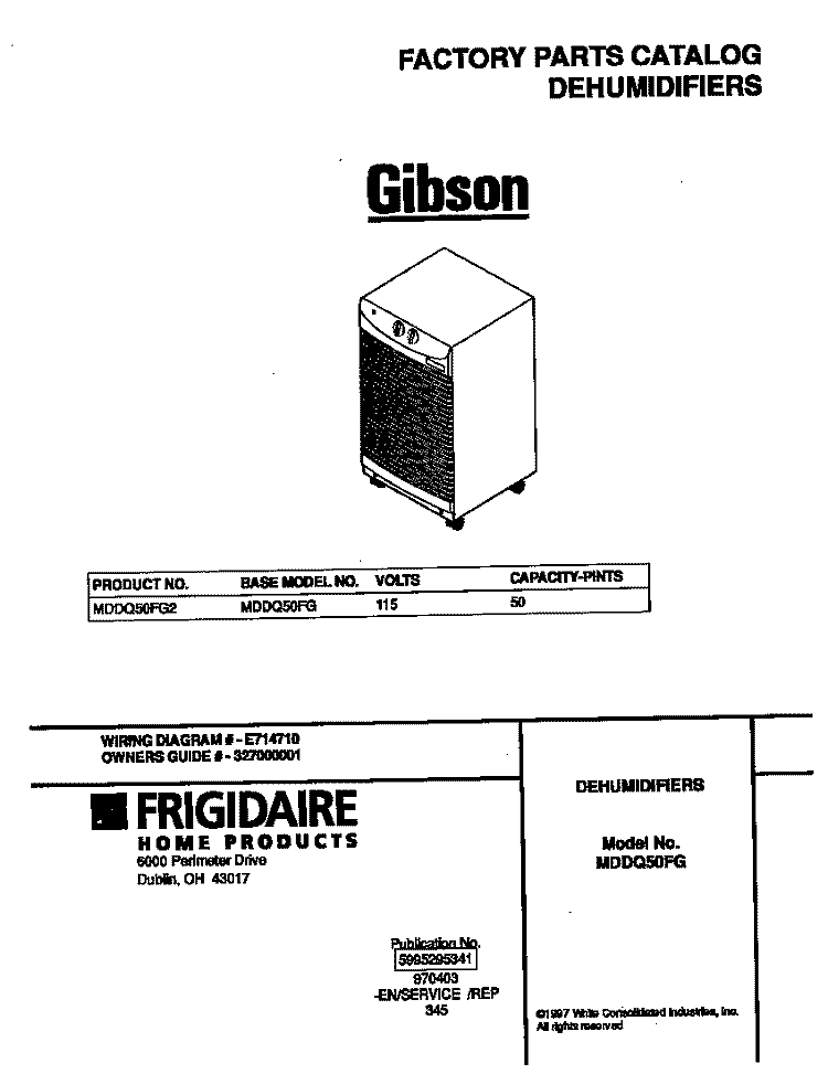 COVER Diagram and Parts List for MDDQ50FG2  Gibson Dehumidifier