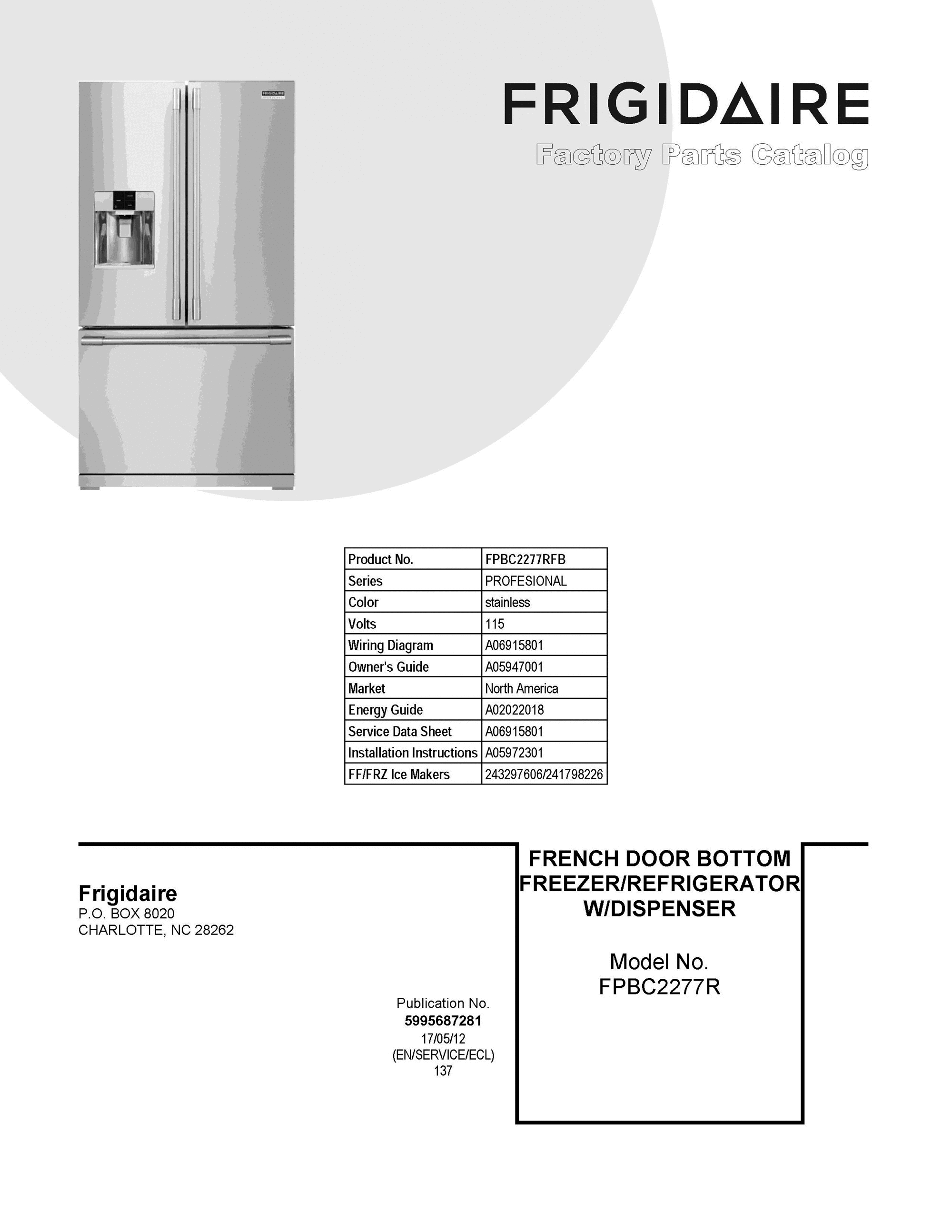 01 - COVER SHEET Diagram and Parts List for FPBC2277RFB  Frigidaire Refrigerator