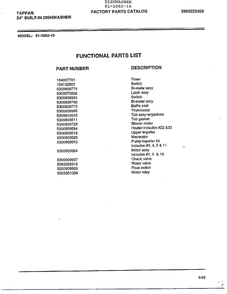 Functional Parts List Diagram and Parts List for 61-1082-10  Tappan Dishwasher