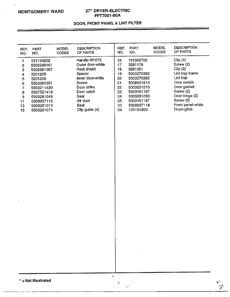 Door/front Panel And Lint Filter Page 2 Diagram and Parts List for 7001-80A  Frigidaire Dryer
