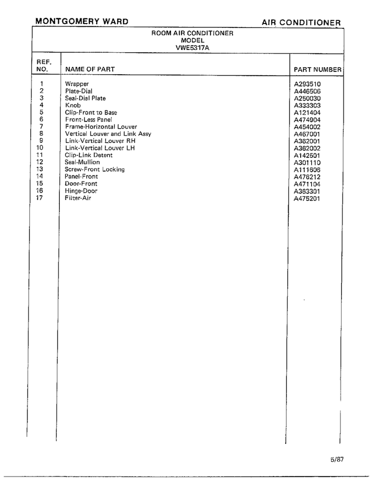 Air Conditioner Page 2 Diagram and Parts List for 5317A  Frigidaire Air Conditioner