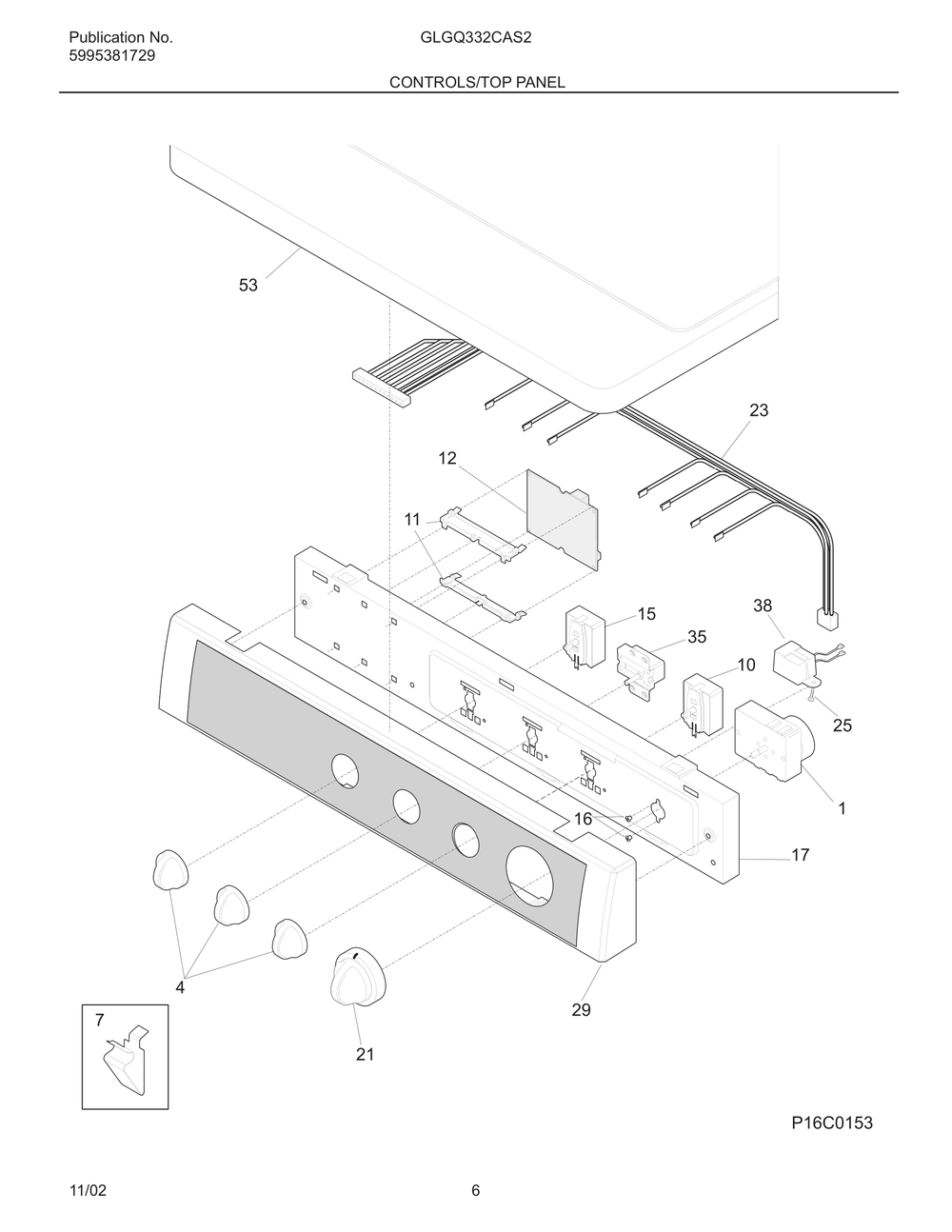 Controls/Top Panel Diagram and Parts List for GLGQ332CAS2  Frigidaire Dryer