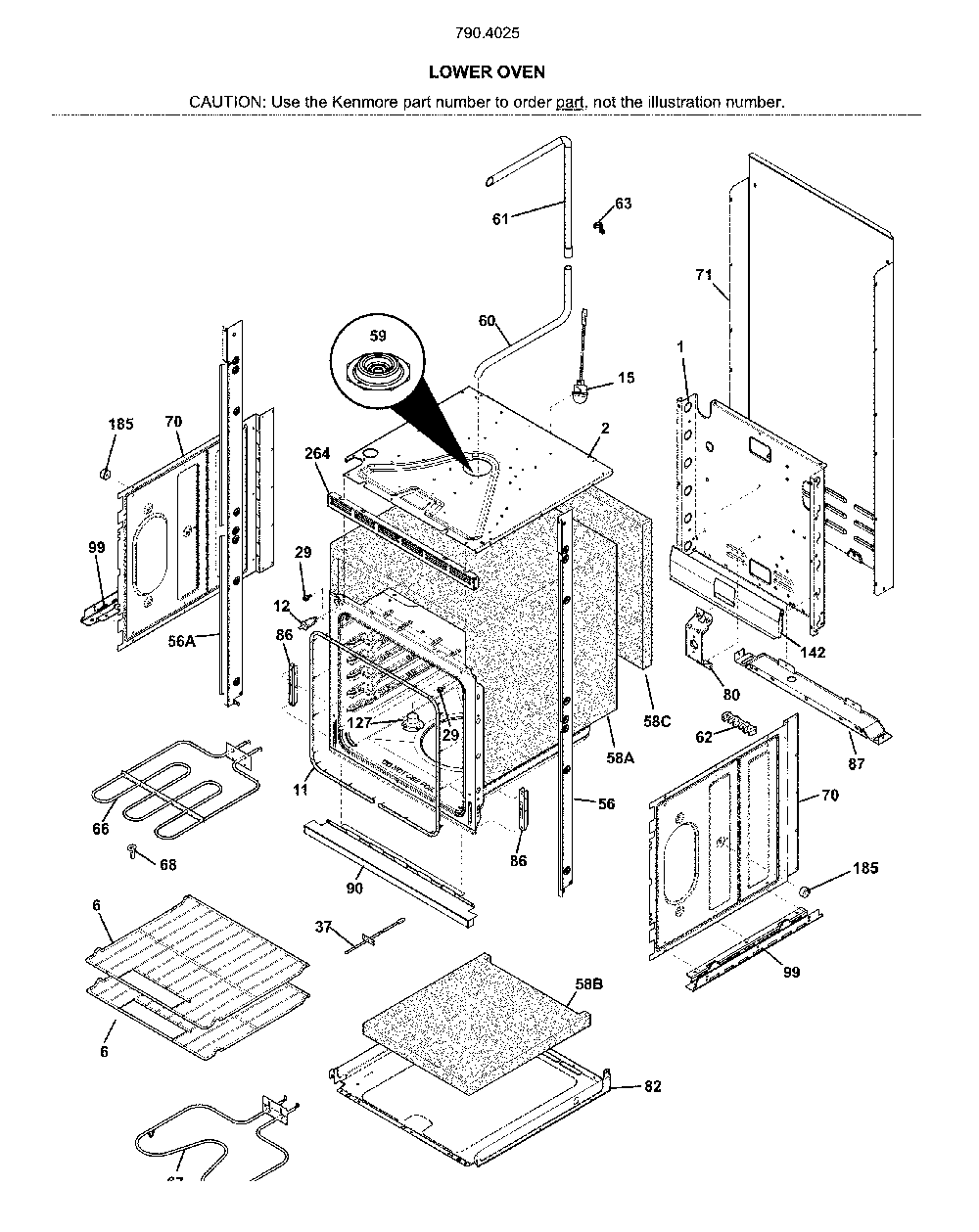 Lower oven Diagram and Parts List for 79040252414  Kenmore Wall Oven