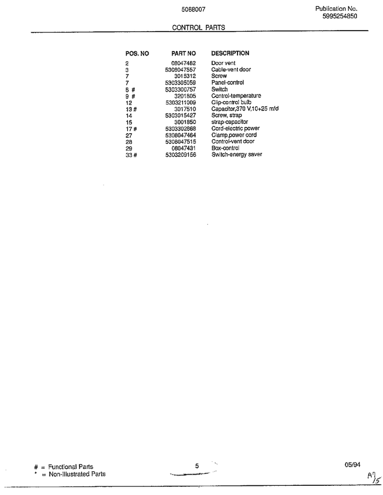 Control Parts Page 2 Diagram and Parts List for 5068007B  Frigidaire Air Conditioner