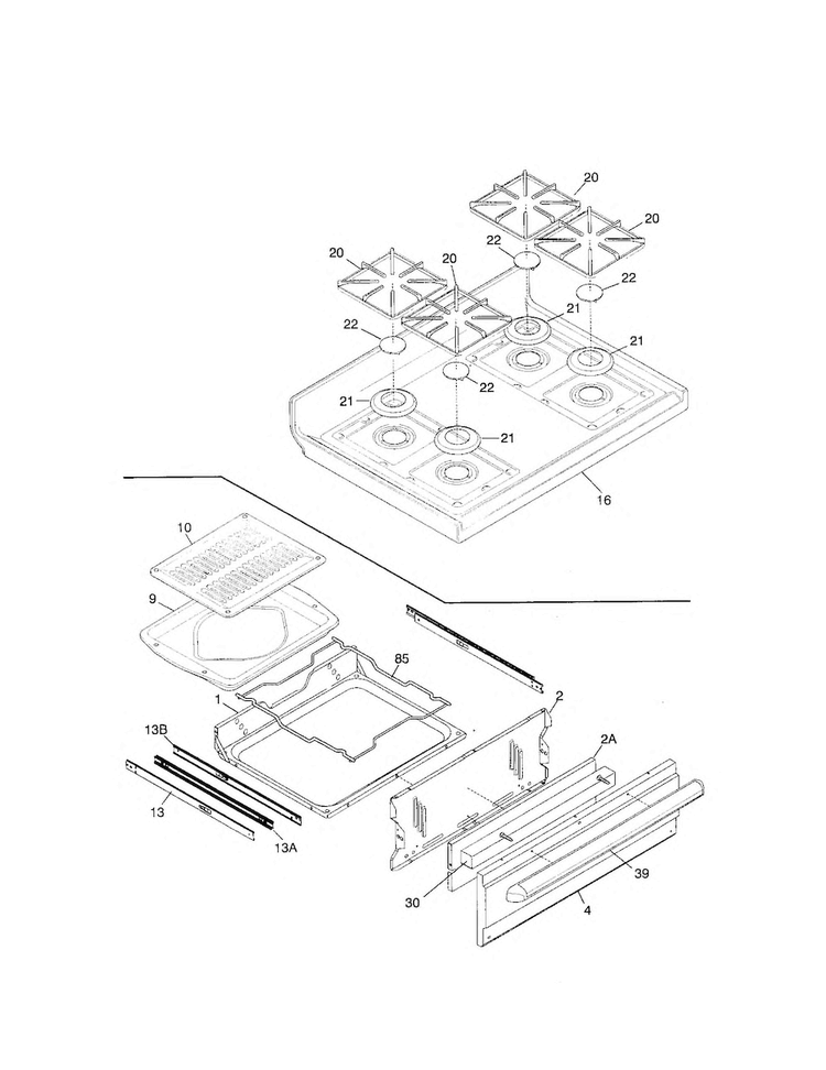 Top/drawer Diagram and Parts List for FGFB33WHSB  Frigidaire Range