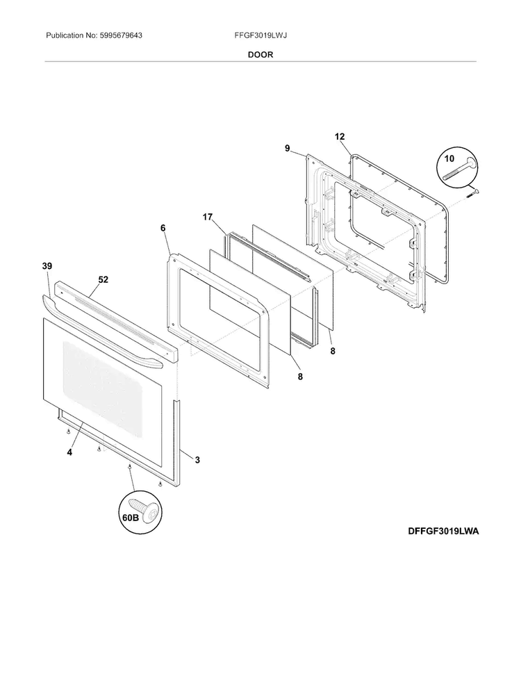 Door Diagram and Parts List for FFGF3019LWJ  Frigidaire Range