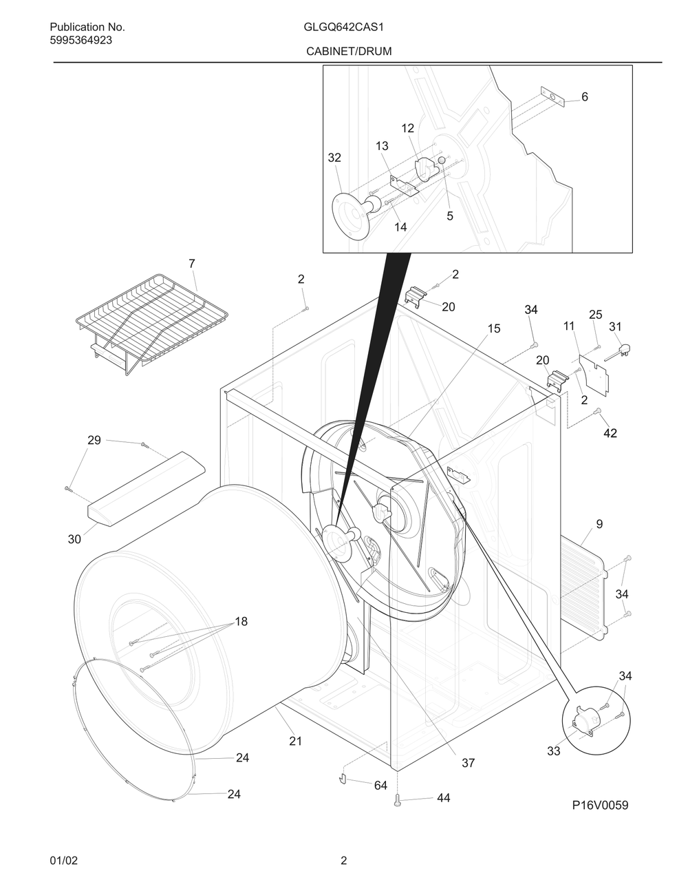 Cabinet/Drum Diagram and Parts List for GLGQ642CAS1  Frigidaire Dryer