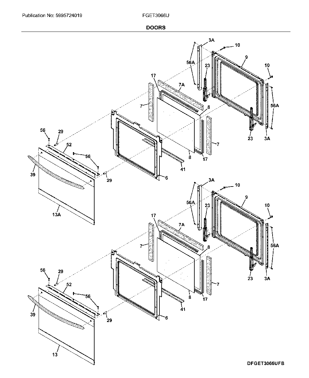 Doors Diagram and Parts List for FGET3066UFB  Frigidaire Wall Oven