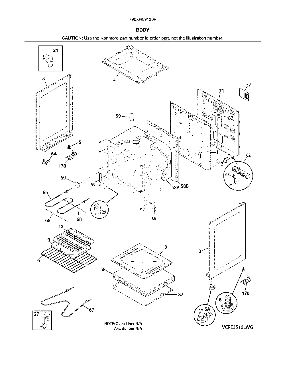 Body Diagram and Parts List for 7906409130F  Kenmore Range