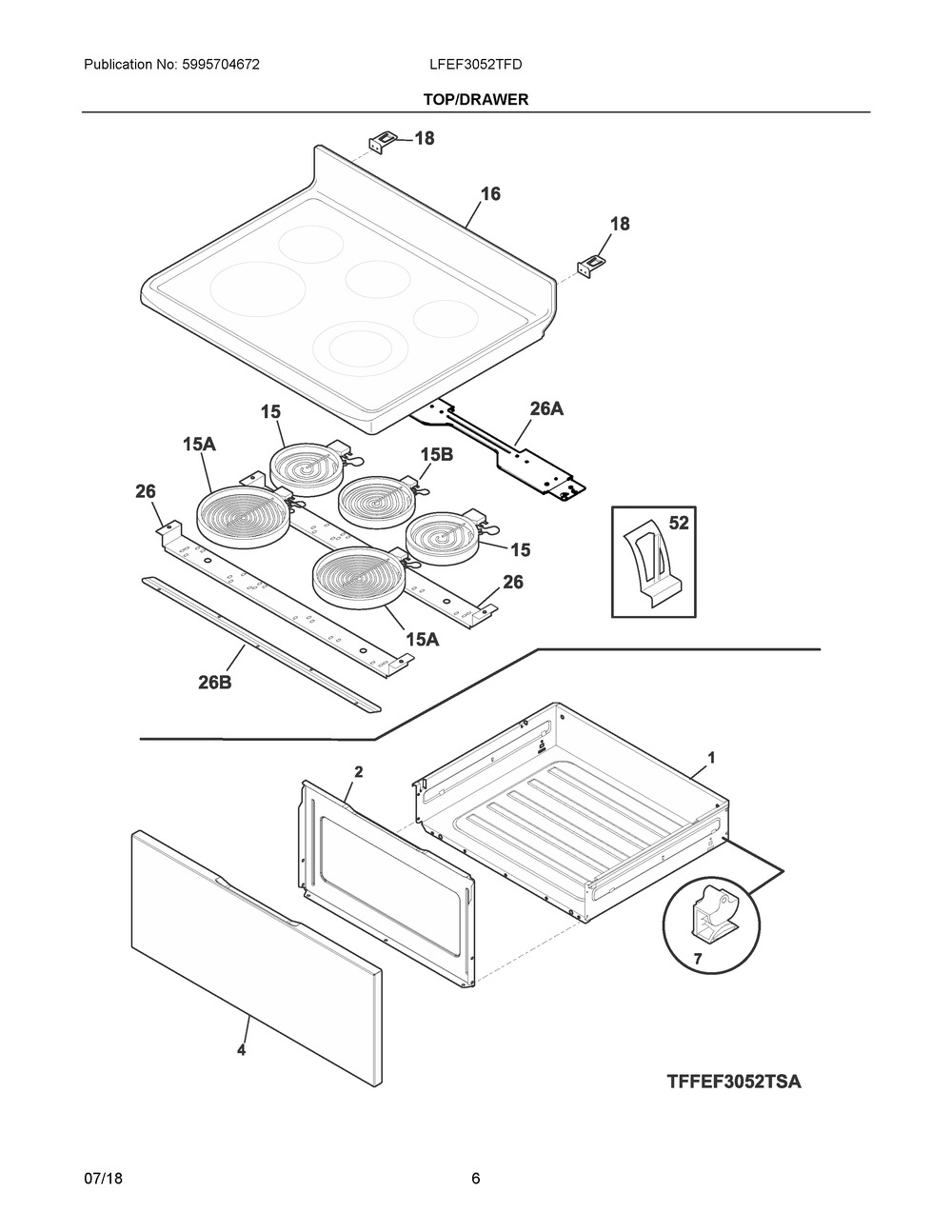 Top/drawer Diagram and Parts List for LFEF3052TFD  Frigidaire Range
