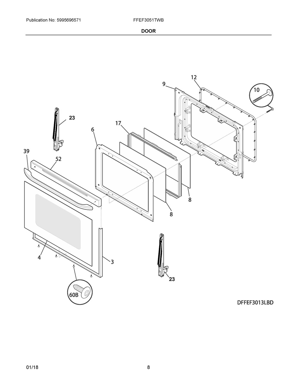 Door Diagram and Parts List for FFEF3051TWB  Frigidaire Range